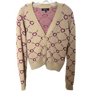 Witty Fox Beige Button Front Cardigan with Magenta Heart Motif - XL